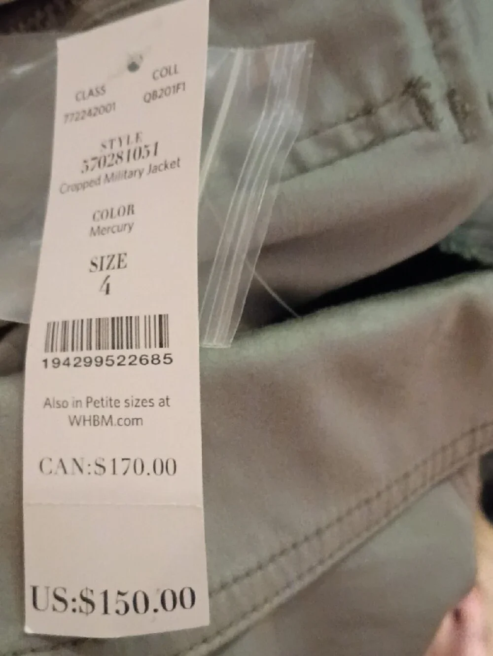 White House Black Market Light Gray Utility Jacket - Button Front